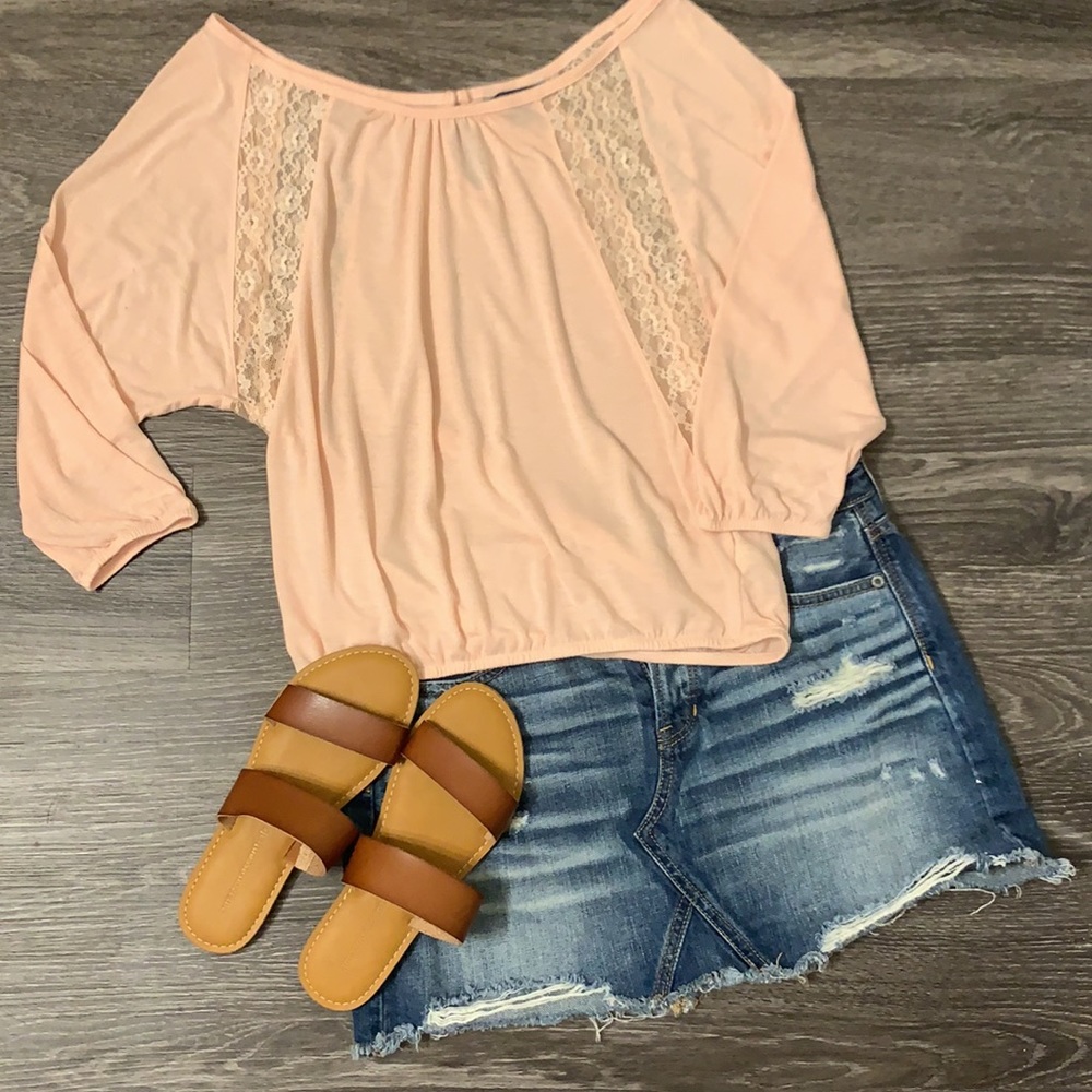 Pink ruched blouse with sheer lace accents by American Eagle